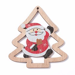 Colorful Printed Wood Big Pendants, Christmas Tree with Santa Claus, Colorful, 79.5x74x2.5mm, Hole: 2.5mm