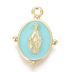 Cyan Plaqué or pendentifs en laiton émail, ovale avec vierge marie religion, cyan, 18.5x13x2mm, Trou: 1.6mm
