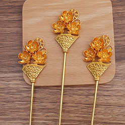 Golden Iron Hair Stick Findings, with Alloy Cabochons Setting, Plum Blossom, Golden, Tray: 2mm and 3mm, 165x31x7.5mm