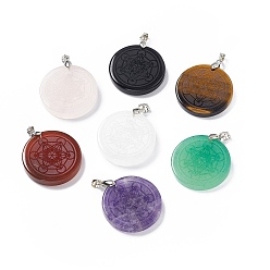 Mixed Stone Natural Mixed Gemstone Pendants, Flat Round Charms with Chakra Theme Pattern, with Rack Plating Platinum Tone Brass Findings, Cadmium Free & Lead Free, 30x4~8mm, Hole: 4x4mm
