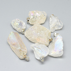 Clear Electroplate Rough Raw Natural Quartz Crystal Pendants, with Iron Bails, Nuggets, Platinum, Clear, 25~48x17~28x10~24mm, Hole: 6x3mm