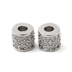 Real Platinum Plated Brass Micro Pave Clear Cubic Zirconia Beads, Column, Real Platinum Plated, 8x7mm, Hole: 3.5mm