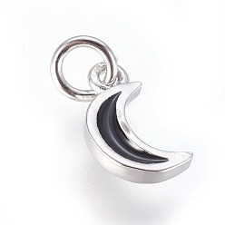 Platinum Enamel Brass Charms, with Jump Ring, Moon, Black, Platinum, 10x6x2mm, Hole: 3mm