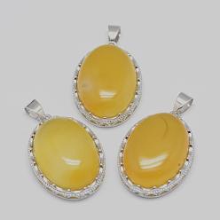 Yellow Agate Natural Yellow Agate Pendants, with Brass Findings, Oval, Dyed, Platinum, 30x21x10~11mm, Hole: 6x4mm