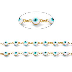 Turquoise Handmade Enamel Link Chains, with 304 Stainless Steel Findings, Soldered, Flat Round with Eye, Golden, Turquoise, Flat Round Link: about 11x6.1x4.2mm