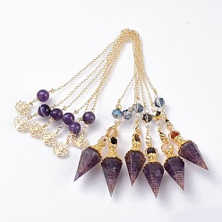 Amethyst Resin Hexagonal Pointed Dowsing Pendulums(Brass Finding and Gemstone Inside), with Brass Chain, Chakra, Faceted, Cone, Golden, 360mm