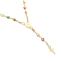 Golden Unisex 304 Stainless Steel Rosary Bead Necklaces, with Heart Enamel, Cross, Oval with Virgin Mary, Golden, 19.13 inch(48.6cm), Heart: 9.5x5x1.5mm and 10x5x3mm