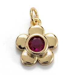 Medium Violet Red Brass Cubic Zirconia Charms, Real 18K Gold Plated, Long-Lasting Plated, Plum Blossom , Medium Violet Red, 14x12x3.5mm, Hole: 3mm, Jump Ring: 5x0.8mm