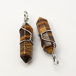 Tiger Eye Natural Tiger Eye Double Terminated Pointed Pendants, with Brass Pendant Settings, Faceted, Bullet, Platinum Metal Color, 35~45x10~13mm, Hole: 3mm