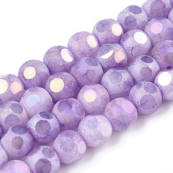 Plum Opaque Frosted Glass Beads Strands, AB Color Plated, Faceted, Round, Plum, 6.5x6mm, Hole: 1.5mm, about 70pcs/strand, 16.38 inch(41.6cm)