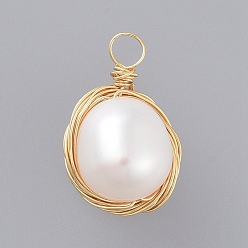 Seashell Color Natural Baroque Pearl Keshi Pearl, Cultured Freshwater Pearl Pendants, with Real 18K Gold Plated Copper Wire, Oval, Seashell Color, 17~22x11mm, Hole: 2.5mm