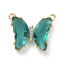 Teal Brass Micro Pave Clear Cubic Zirconia Links, with Glass, Butterfly, Golden, Teal, 18x21.5x4.5mm, Hole: 1.4mm