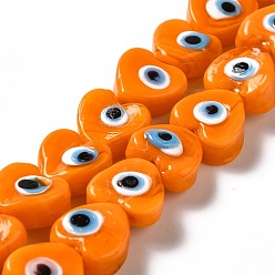 Orange Handmade Evil Eye Lampwork Beads Strands, Heart, Orange, 12x12x6mm, Hole: 1.4mm, about 33pcs/strand, 14.37''~14.57''(36.5~37cm)