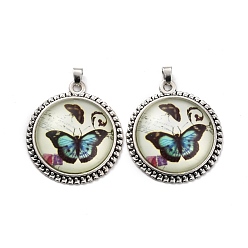 Antique Silver Tibetan Style Alloy Pendants, with Resin, Flat Round with Butterfly, Antique Silver, 42.5x37.5x8.5mm, Hole: 6x5mm