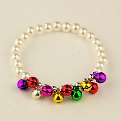 White Fashion Imitation Acrylic Pearl Stretchy Bracelets for Kids, with Brass Bell Pendants, for Christmas, White, 45mm
