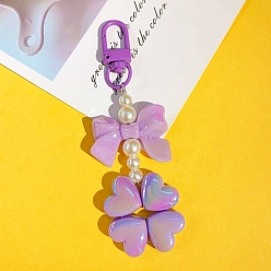 Plum Pearl Beaded Bowknot Clover Acrylic Pendant Decorations, with Metal Finding, for Backpack, Keychain Decor, Plum, 69x39mm