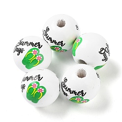 Lime Green Summer Theme Printed Wood European Beads, Large Hole Slipper Print Round Beads, Lime Green, 16mm, Hole: 4mm