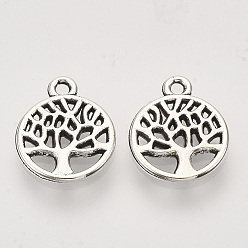 Antique Silver Tibetan Style Alloy Pendants,  Cadmium Free & Lead Free, Flat Round with Tree of Life, Antique Silver, 13.5x10x1.5mm, Hole: 1.2mm, about 925pcs/500g
