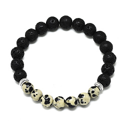 Jaspe Dalmate Bracelets extensibles en perles de jaspe dalmate naturel, avec des perles de pierre de lave synthétique et des perles en alliage, ronde, diamètre intérieur: 2-1/8 pouce (5.5 cm), perles: 8.5 mm
