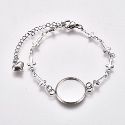 Stainless Steel Color 304 Stainless Steel Bracelet Making, with Lobster Claw Clasps, Cross Link Chains and Flat Round Cabochon Settings, Stainless Steel Color, Tray: 16mm, 6-3/8 inch(16.2cm)