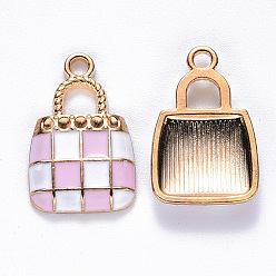 Perlas de Color Rosa Colgantes de la aleación del esmalte, bolso, la luz de oro, rosa perla, 21x13.5x3 mm, agujero: 2 mm