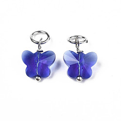 Blue Faceted Transparent Glass Charms, with Iron Jump Ring, Butterfly, Blue, 13~14x9.8x6mm, Hole: 4mm