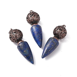 Lapis Lazuli Natural Lapis Lazuli Dyed Big Pendants, Cone Charms with Rack Plating Brass Hollow Ball, Red Copper, Cadmium Free & Lead Free, 57~58x17.5~18mm, Hole: 8x5mm