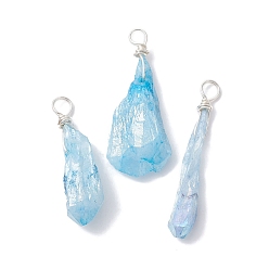 Light Sky Blue Electroplated Natural Quartz Crystal Dyed Pendants, Teardrop Charms with Silver Color Plated Copper Wire Loops, Light Sky Blue, 30~38x9.5~15x7~11mm, Hole: 4mm