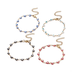 Mixed Color Enamel Heart with Evil Eye Link Chains Bracelet, Vacuum Plating 304 Stainless Steel Jewelry for Women, Golden, Mixed Color, 6-7/8 inch(17.5cm)