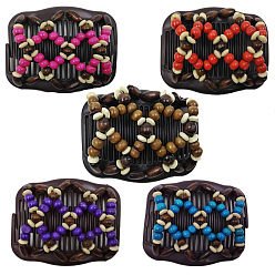 Mixed Color Plastic Hair Bun Maker, Stretch Double Hair Comb, with Wood Beads, Mixed Color, 80x105mm