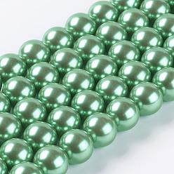 Vert Printanier Brins de perles rondes en verre teinté écologique, cordon en coton fileté, vert printanier, 14mm, Trou: 0.7~1.1mm, Environ 30 pcs/chapelet, 15 pouce