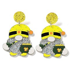 Yellow Saint Patrick's Day Sparkling Acrylic Dangle Stud Earrings, Gnome, Yellow, 62x39.5mm