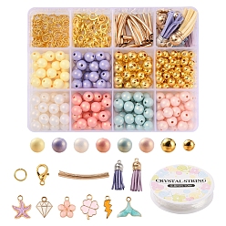 Mixed Color DIY Tassel Charm Beaded Bracelet Making Kit, Including Faux Suede Tassel Pendant, Acrylic & Plastic Round Beads, Alloy Clasps & Pendants, Iron Jump Rings, Brass Beads, Elastic Thread, Mixed Color, Tassel Pendant: 4pcs/box