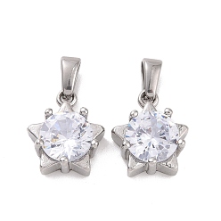 Stainless Steel Color Cubic Zirconia Charms, with 304 Stainless Steel Findings, Star, Clear, Stainless Steel Color, 14x12x5.5mm, Hole: 5x3mm