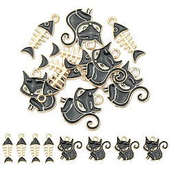 Black 10Pcs 2 Styles Alloy Enamel Pendants, Cat & Fish Bone, Light Gold, Black, 21~24x8~20x1.5mm, Hole: 2mm, 5pcs/style