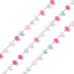 Rose Foncé Main chaînes de perles de verre, facette, non soudée, avec 304 inoxydable chaînes en acier, or, ronde, rose foncé, 3x2.5mm