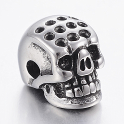 Antique Silver 304 Stainless Steel Bead Rhinestone Settings, Skull, Antique Silver, Fit For 1mm Rhinestone, 13x7.5x9mm, Hole: 2mm