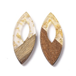 Clear Transparent Resin & Walnut Wood Pendants, with Gold Foil, Horse Eye Charms, Clear, 38x15.5x3.5mm, Hole: 2mm