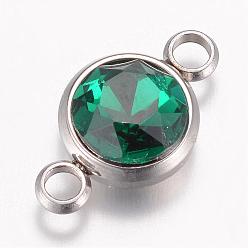 Emerald K9 Glass Links connectors, Faceted, with 304 Stainless Steel Findings, Flat Round, Stainless Steel Color, Emerald, 17.5x10x6.5mm, Hole: 2.5mm