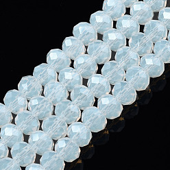 Clear Electroplate Glass Beads Strands, Imitation Jade Beads, Pearl Luster Plated, Faceted, Rondelle, Clear, 6x5mm, Hole: 1mm, about 85~88pcs/strand, 16.1~16.5 inch(41~42cm)