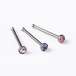 Mixed Color 304 Stainless Steel Rhinestone Nose Studs, Nose Bone Rings, Nose Piercing Jewelry, Mixed Color, 9mm, Bar Length: 1/4"(7mm), Pin: 20 Gauge(0.8mm)