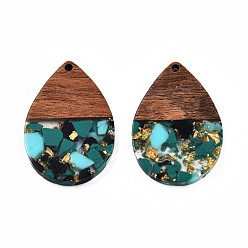 Teal Transparent Resin & Walnut Wood Pendants, with Gold Foil, Teardrop Charm, Teal, 36x24.5x3mm, Hole: 2mm