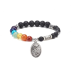 Mixed Stone Natural Lava Rock & Mixed Stone Stretch Bracelet with Alloy Oval Charm, Yoga Chakra Gemstone Jewelry for Women, Inner Diameter: 2-1/8 inch(5.35cm)