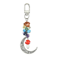 Red Moon Alloy Pendant Decoraiton, with Gemstone Chip Beads and Mushroom Handmade Lampwork Beads, Alloy Swivel Clasps, Chakra, Red, 103mm