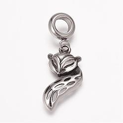 Antique Silver 304 Stainless Steel European Dangle Charms, Large Hole Pendants, Fox, Antique Silver, 32.5mm, Hole: 5mm, Pendant: 22.5x13x3mm