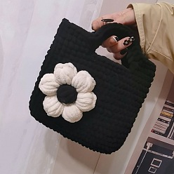 Black DIY Flower Pattern Handbag Knitting Beginner Kits, including Polyester Chunky Yarn, Fiberfill, Crochet Needle, Instruction, Black, 170x150mm