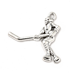 Antique Silver Tibetan Style Alloy Pendants, Hockey Player Charms, Antique Silver, 26.5x26x3mm, Hole: 1.5mm