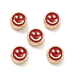 FireBrick Alloy Enamel Beads, Golden, Flat Round with Smiling Face, FireBrick, 8x4mm, Hole: 1.6mm