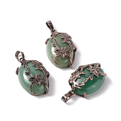 Green Aventurine Natural Green Aventurine Pendants, with Red Copper Tone Brass Findings, Cadmium Free & Lead Free, Oval with Flower Charm, 33x20x9mm, Hole: 5x8mm