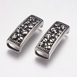 Antique Silver 304 Stainless Steel Slide Charms, Rectangle witih Skull, Antique Silver, 39x15x13mm, Hole: 7x12mm